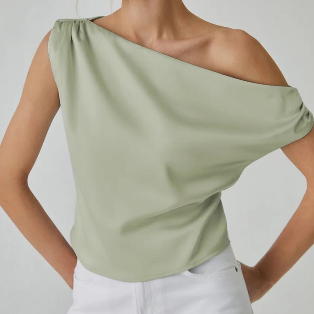 NWT REVOLVE & MINIMALIST lovers COMMENSE satin one shoulder flowy blouse M sage